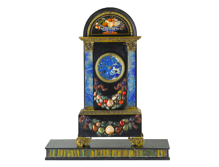 FRENCH FLORENTINE MARBLE AND PIETRA DURA MANTEL CLOCK, BY HUNZIKER, PARIS